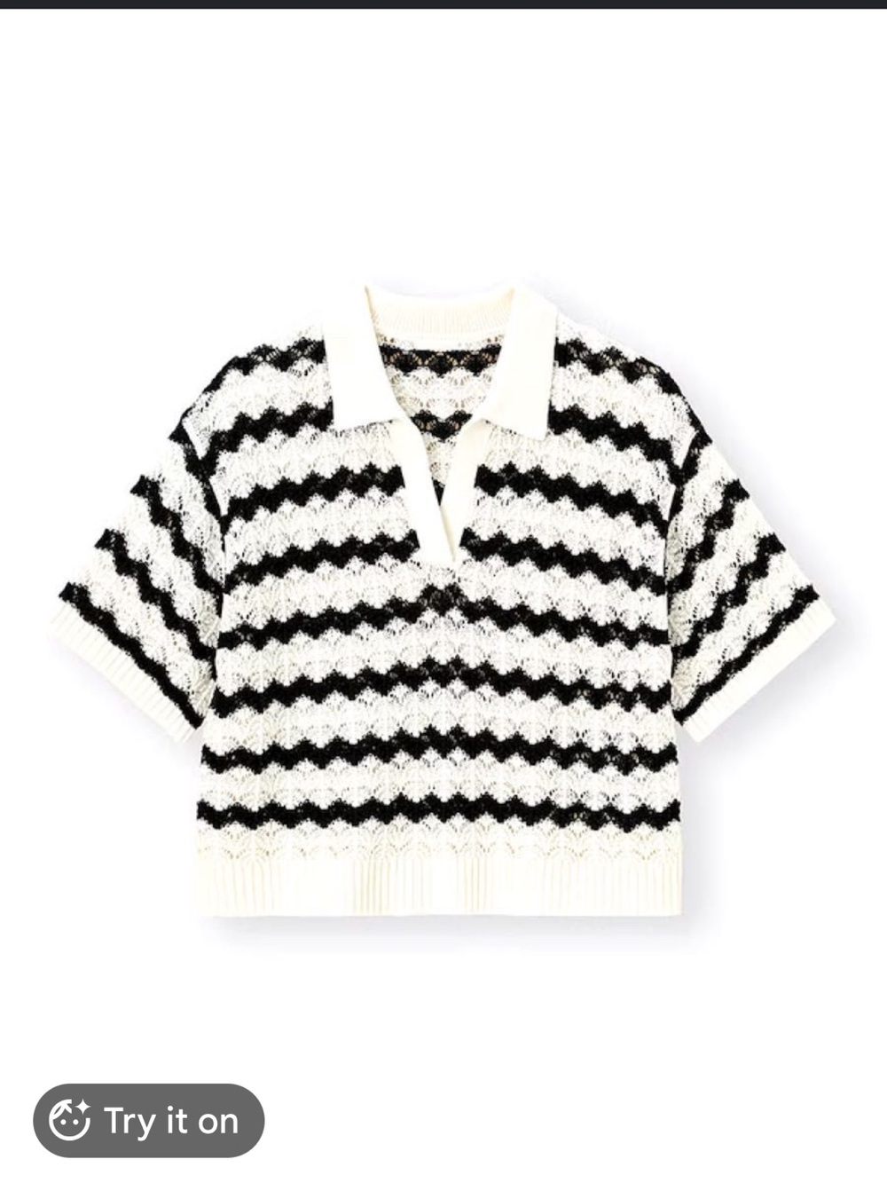 GU Women's Black and Off White V-Neck Crochet Polo Sweater